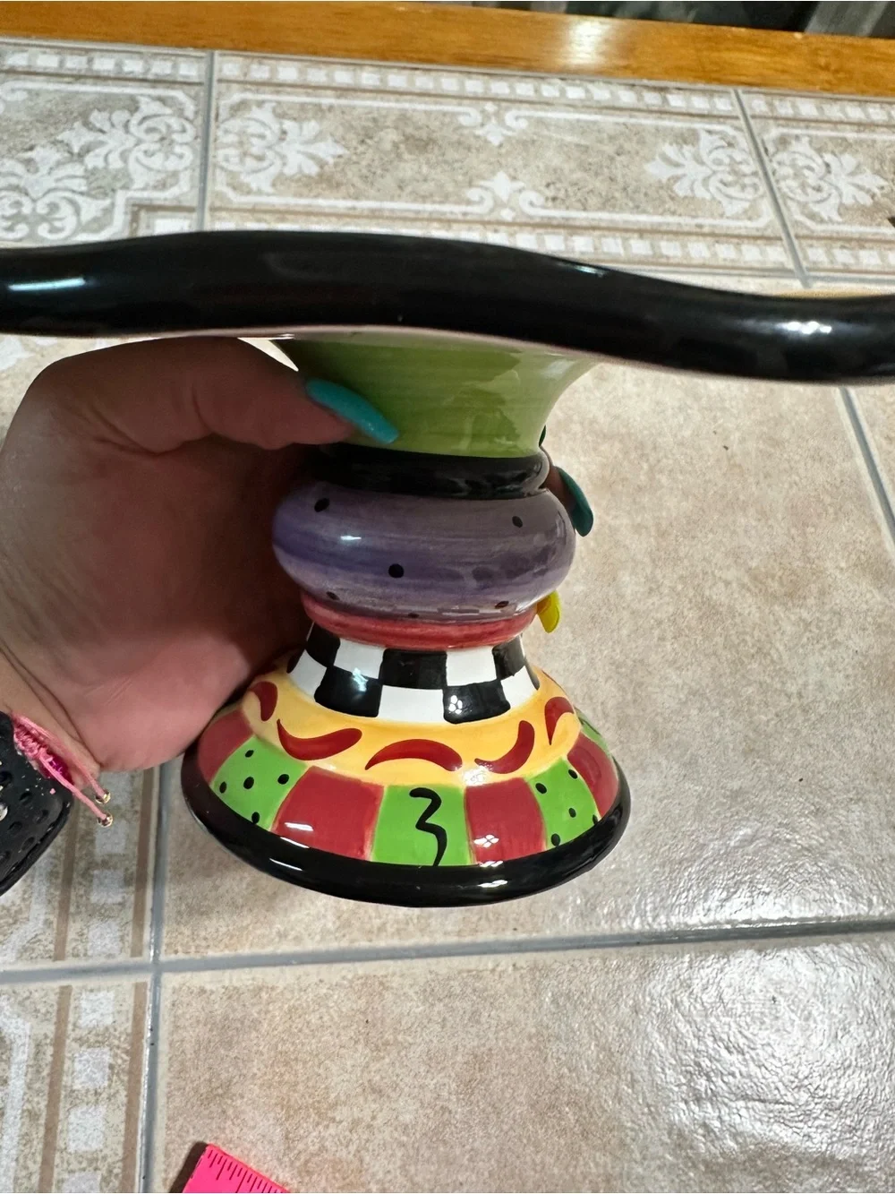 Colorful Hand-Painted Pedestal Cake Stand - Yellow, Purple & Black
